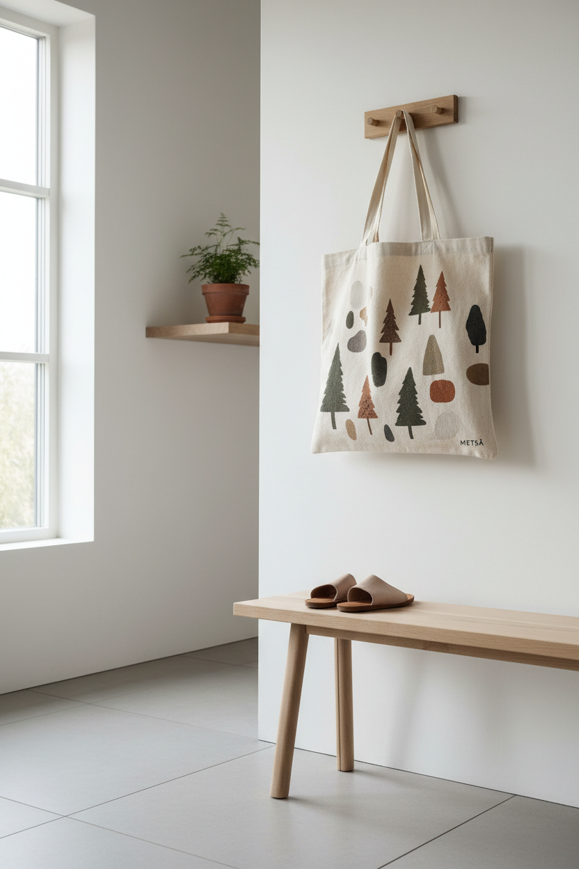 Metsä tote bag in calm Nordic everyday setting with natural cotton and forest design